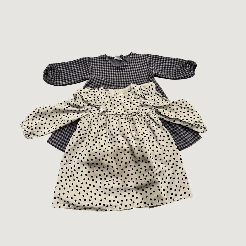 Zara Kids Girls 2-3 Cotton Dress Bundle Polka Dot Ruffle & Gingham Tiered 2-Pack